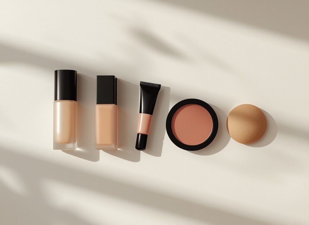 Produtos essenciais para maquiagem leve em pele madura: primer, base, corretivo, blush e batom
