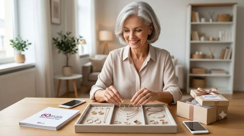 Fotografia de uma mulher madura sorridente organizando brincos e colares finos sobre uma mesa limpa para revenda de renda extra no portal 60mais.