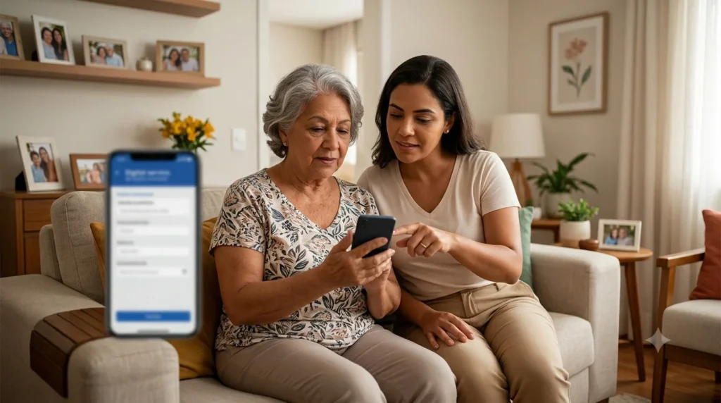 Aposentada recebendo ajuda de familiar para acessar informações do benefício pelo celular.
