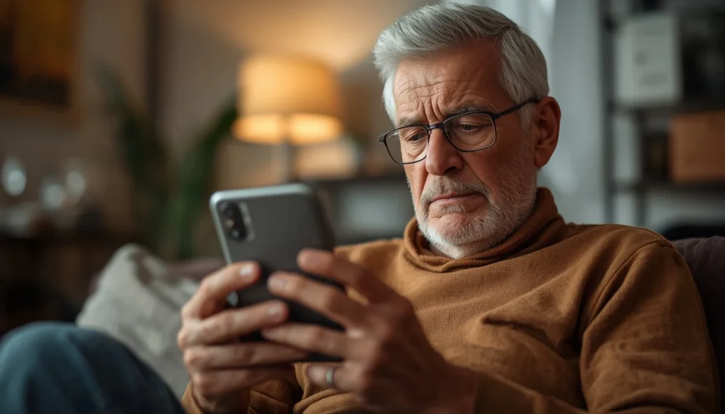 Homem sênior de 60 anos olhando com atenção para a tela do celular ao receber uma mensagem no WhatsApp, ilustrando prevenção contra golpes de Inteligência Artificial.