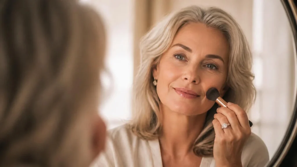 Mulher de 60 anos sorrindo enquanto aplica maquiagem leve com efeito lifting no rosto